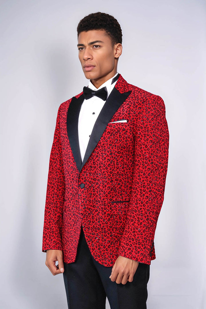 WSS Leopard Pattern Slim Fit Peak Lapel Burgundy Men Tuxedo Party Blazer - Marsala