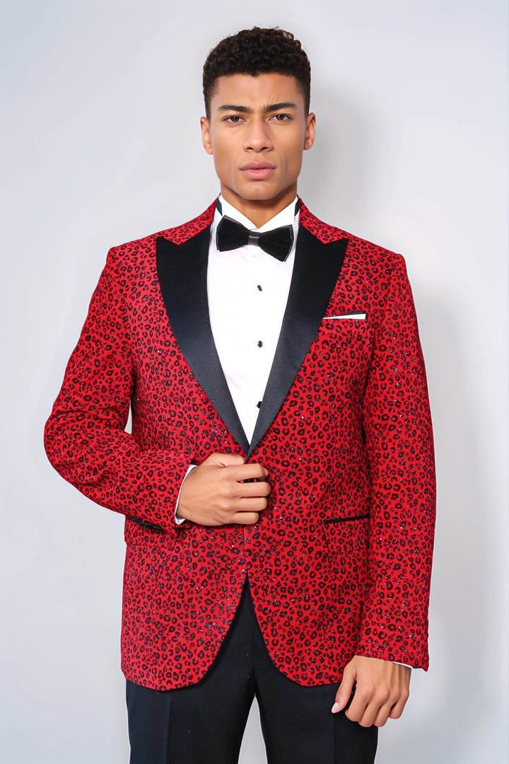 WSS Leopard Pattern Slim Fit Peak Lapel Burgundy Men Tuxedo Party Blazer - Marsala