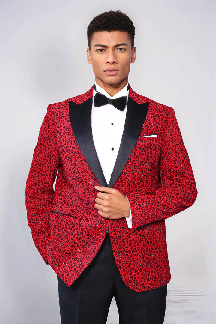 WSS Leopard Pattern Slim Fit Peak Lapel Burgundy Men Tuxedo Party Blazer - Marsala
