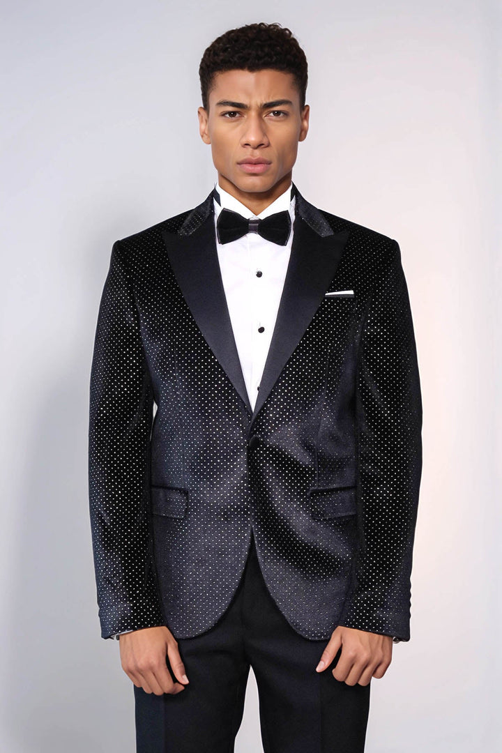 WSS Sparkling Dotted Peak Lapel Men's Black Tuxedo Jacket  - Bloomington
