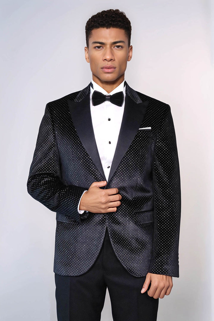 WSS Sparkling Dotted Peak Lapel Men's Black Tuxedo Jacket  - Bloomington