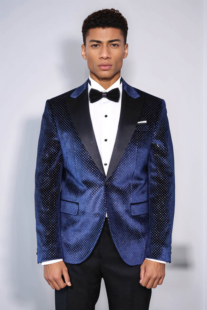 WSS Sparkling Dotted Peak Lapel Men's Navy Blue Tuxedo Jacket  - Kallithéa