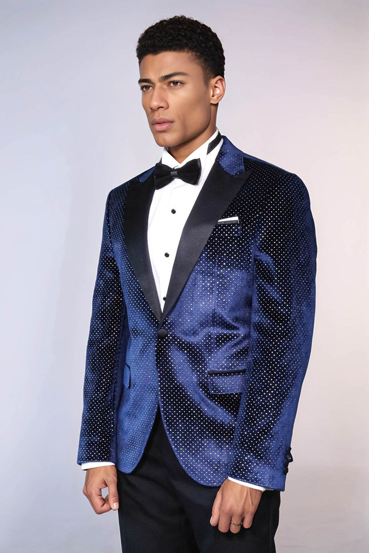 WSS Sparkling Dotted Peak Lapel Men's Navy Blue Tuxedo Jacket  - Kallithéa