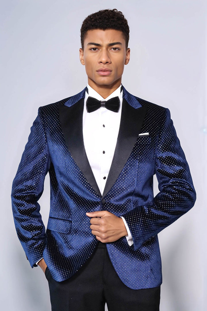 WSS Sparkling Dotted Peak Lapel Men's Navy Blue Tuxedo Jacket  - Kallithéa