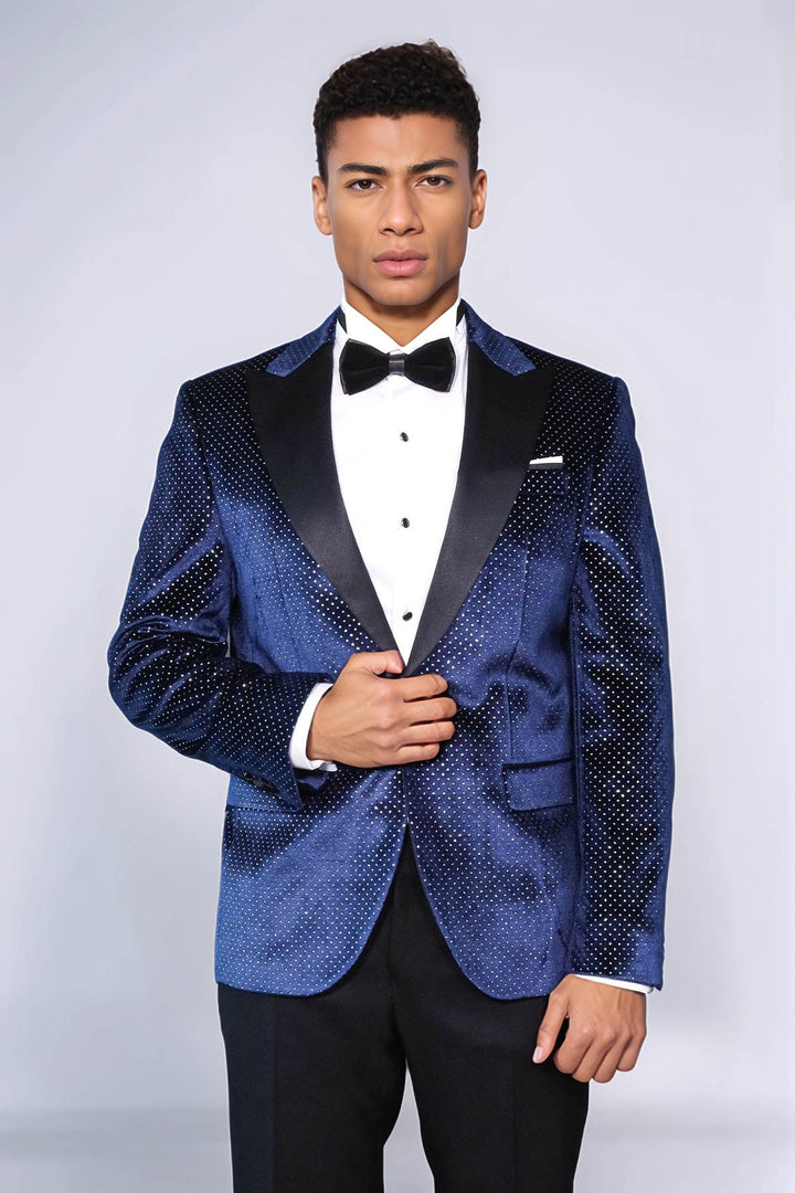 WSS Sparkling Dotted Peak Lapel Men's Navy Blue Tuxedo Jacket  - Kallithéa