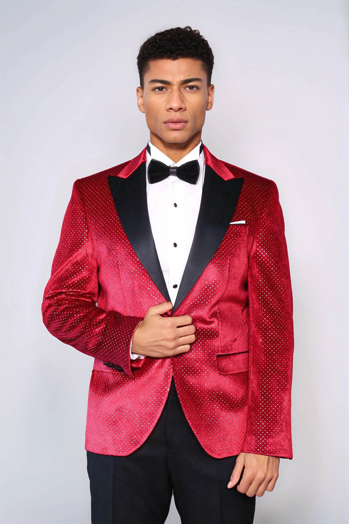 WSS Sparkling Dotted Peak Lapel Men's Burgundy Tuxedo Jacket  - Mechelen-aan-de-Maas