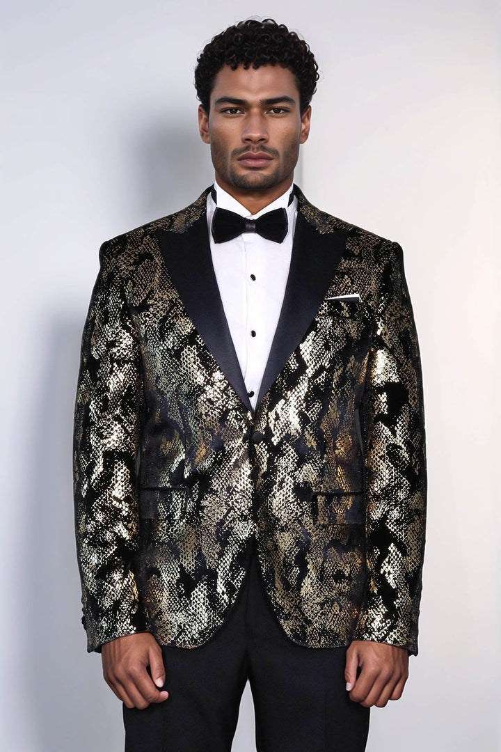 WSS Peak Lapel Slim Fit Gold Patterned Black Men Evening Blazer - Norderstedt