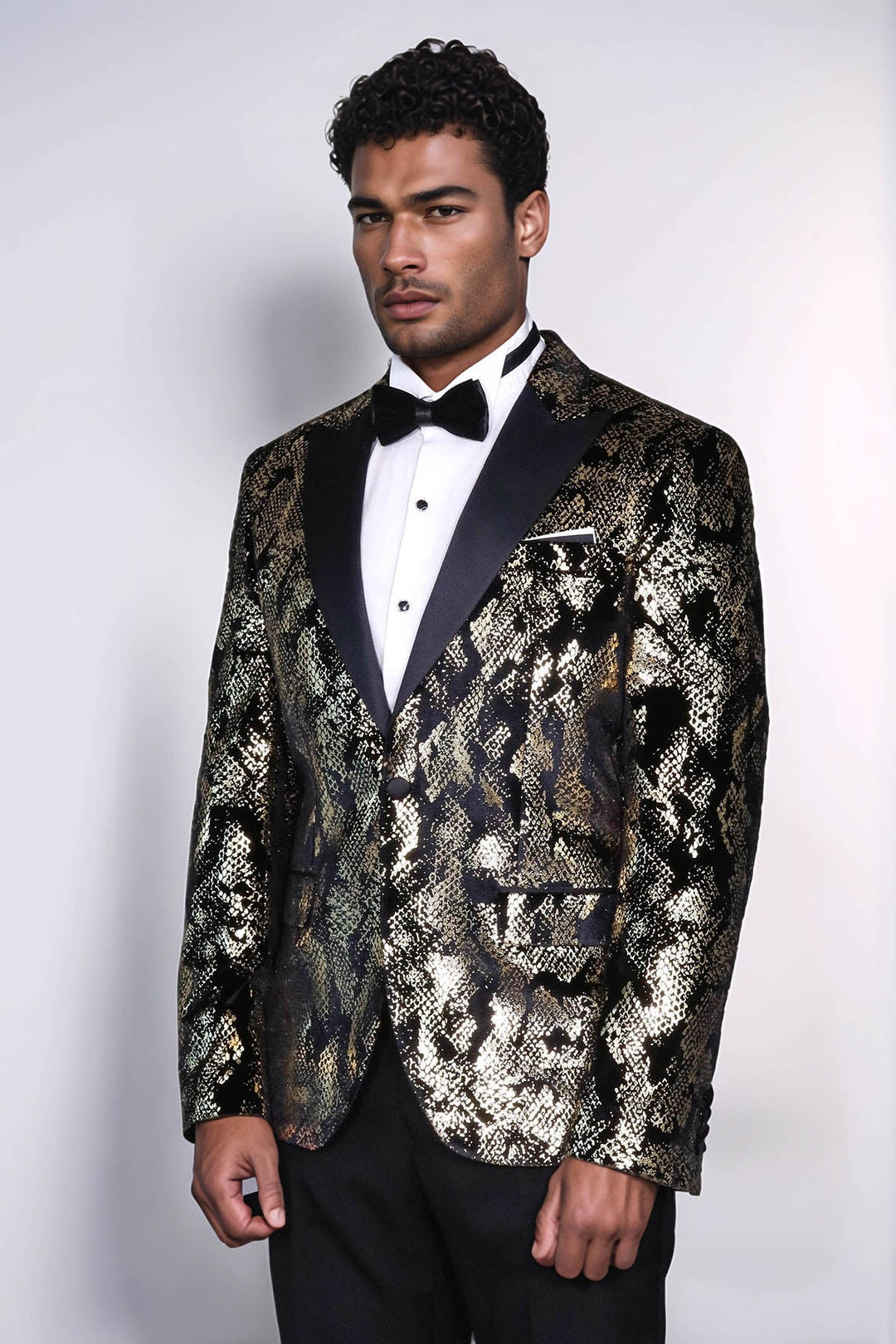 WSS Peak Lapel Slim Fit Gold Patterned Black Men Evening Blazer - Norderstedt