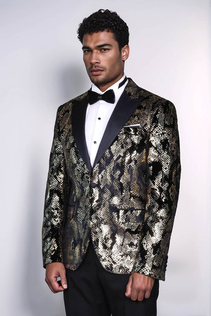WSS Peak Lapel Slim Fit Gold Patterned Black Men Evening Blazer - Norderstedt
