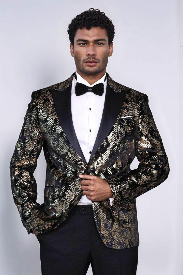 WSS Peak Lapel Slim Fit Gold Patterned Black Men Evening Blazer - Norderstedt