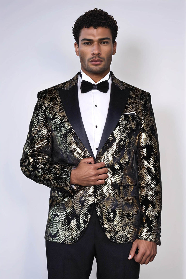 WSS Peak Lapel Slim Fit Gold Patterned Black Men Evening Blazer - Norderstedt