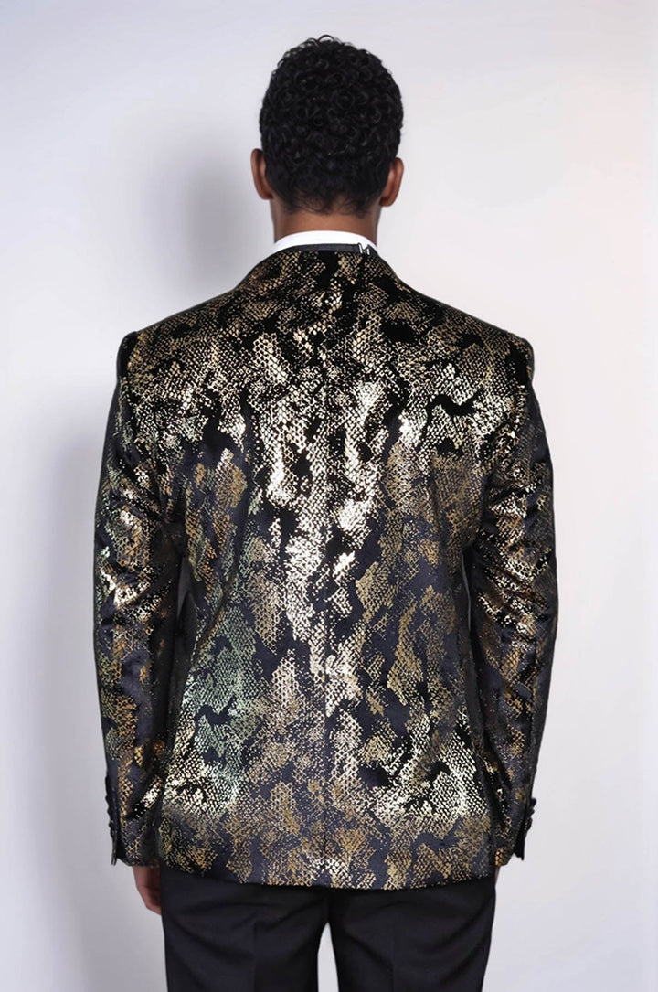 WSS Peak Lapel Slim Fit Gold Patterned Black Men Evening Blazer - Norderstedt
