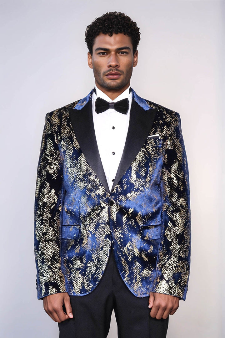 WSS Peak Lapel Slim Fit Gold Patterned Navy Blue Men Party Blazer - Córdoba