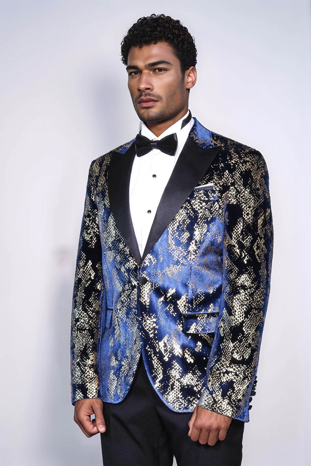 WSS Peak Lapel Slim Fit Gold Patterned Navy Blue Men Party Blazer - Córdoba