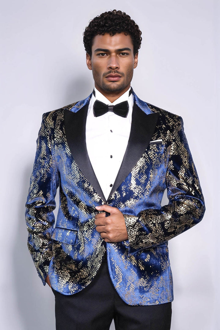 WSS Peak Lapel Slim Fit Gold Patterned Navy Blue Men Party Blazer - Córdoba