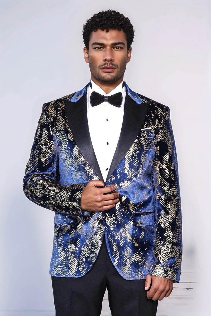 WSS Peak Lapel Slim Fit Gold Patterned Navy Blue Men Party Blazer - Córdoba