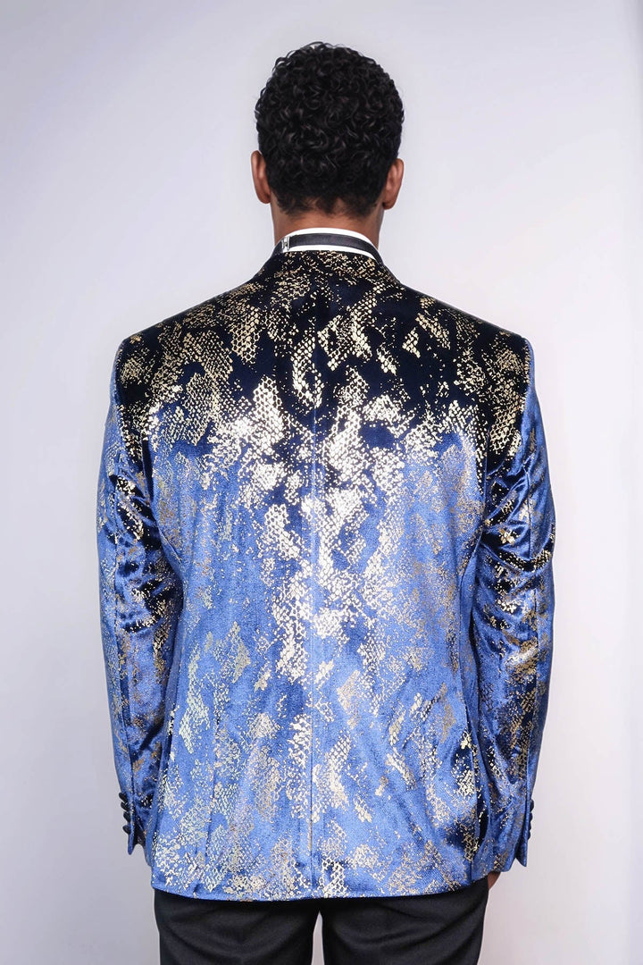 WSS Peak Lapel Slim Fit Gold Patterned Navy Blue Men Party Blazer - Córdoba