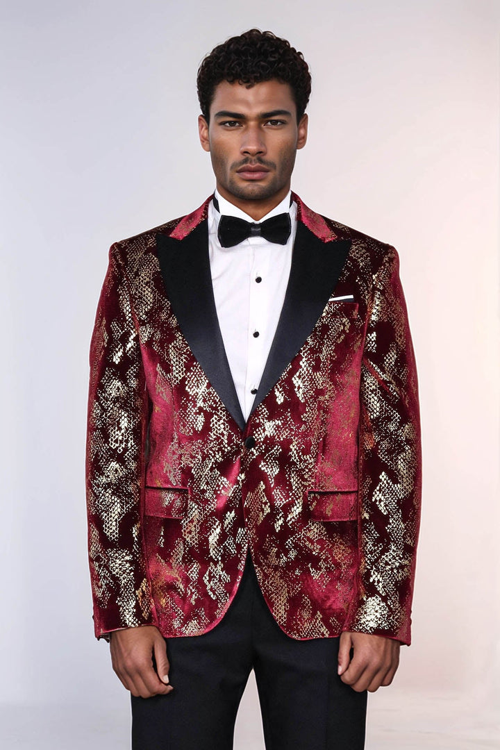 WSS Peak Lapel Slim Fit Gold Patterned Burgundy Men Party Blazer  - Rowland Heights
