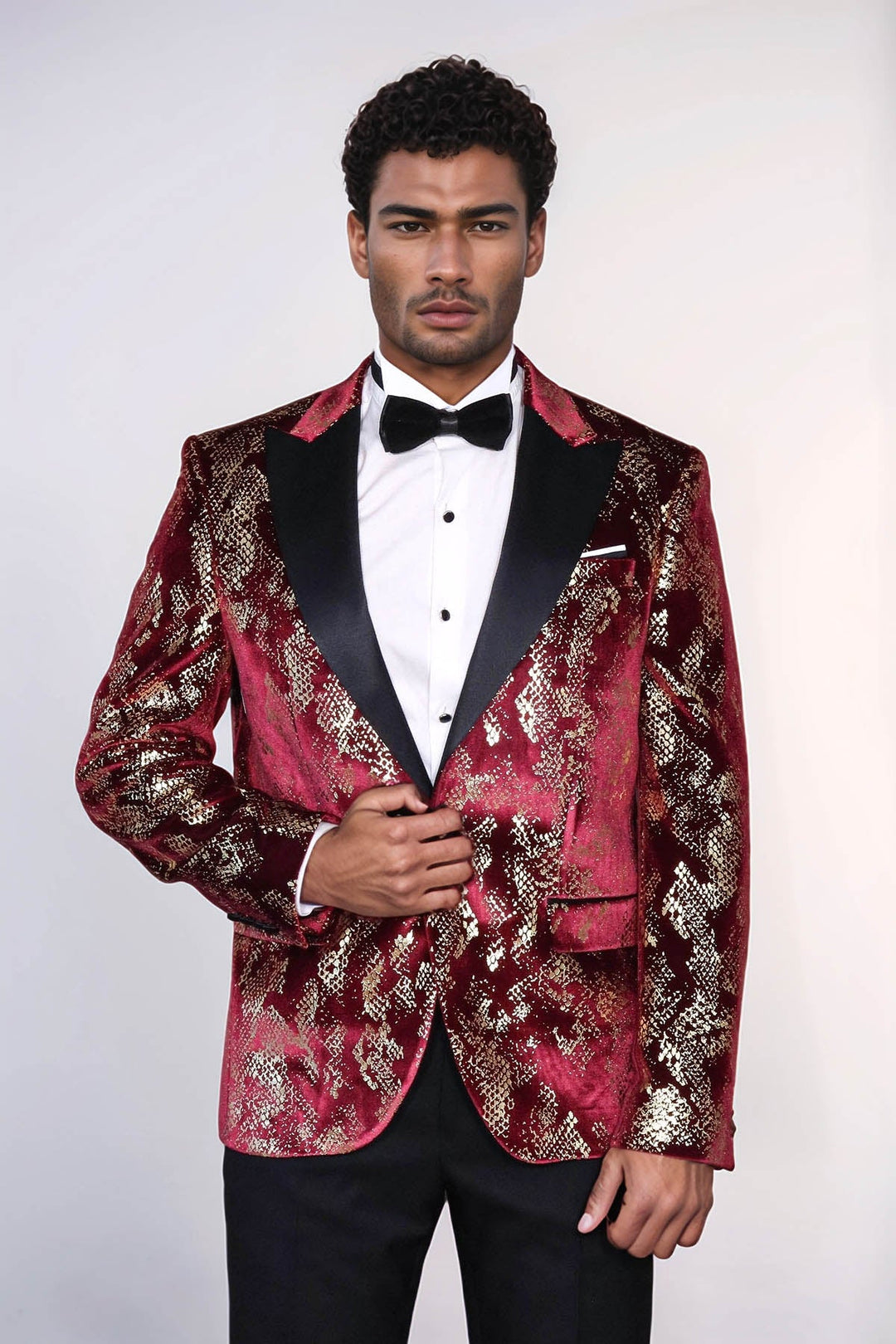 WSS Peak Lapel Slim Fit Gold Patterned Burgundy Men Party Blazer  - Rowland Heights