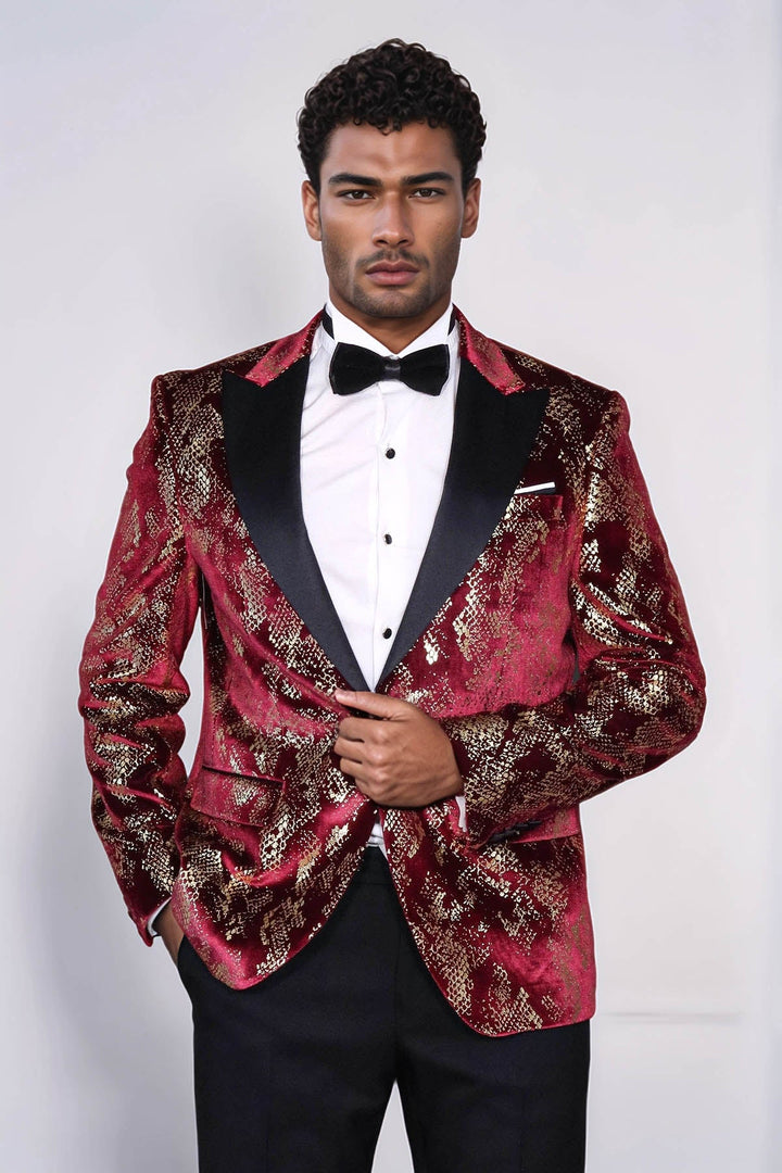 WSS Peak Lapel Slim Fit Gold Patterned Burgundy Men Party Blazer  - Rowland Heights