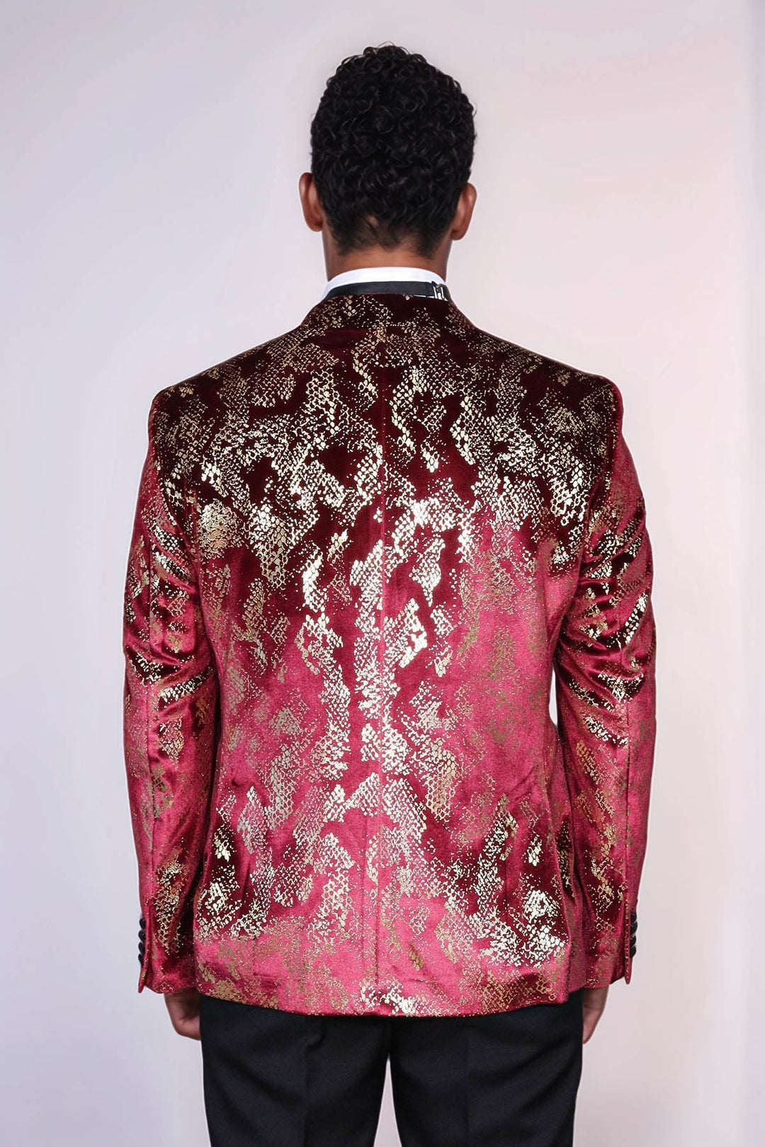 WSS Peak Lapel Slim Fit Gold Patterned Burgundy Men Party Blazer  - Rowland Heights