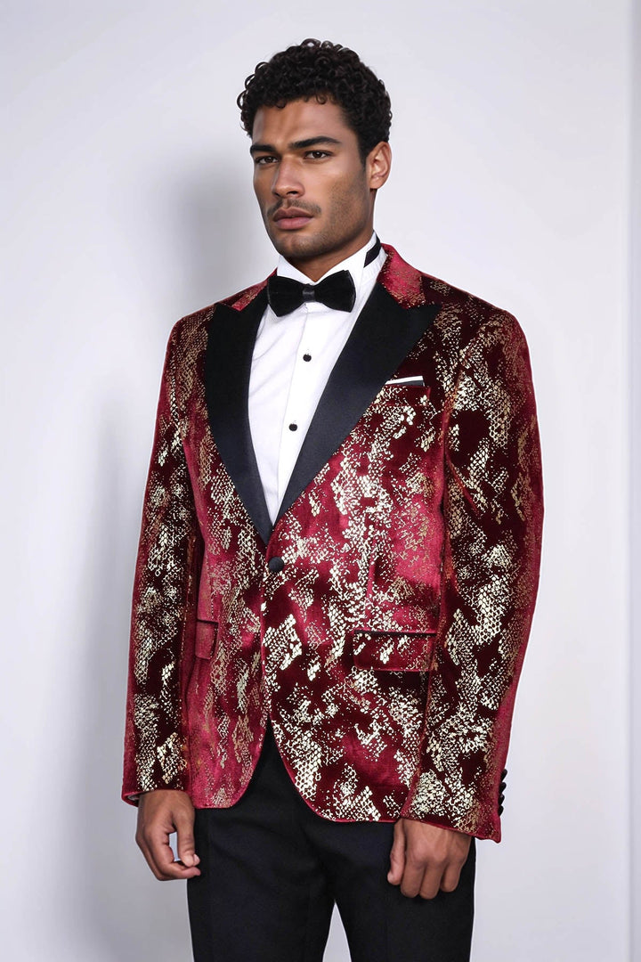 WSS Peak Lapel Slim Fit Gold Patterned Burgundy Men Party Blazer  - Rowland Heights