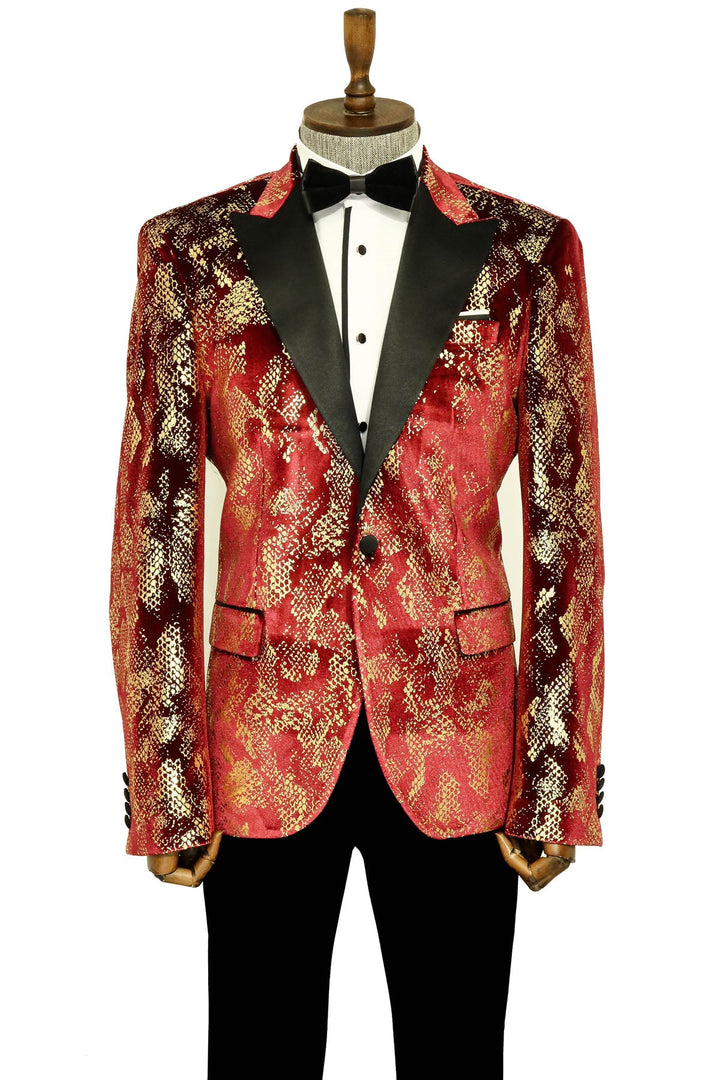 سترة WSS Peak Lapel Slim Fit ذهبية منقوشة باللون العنابي للرجال - سينجين