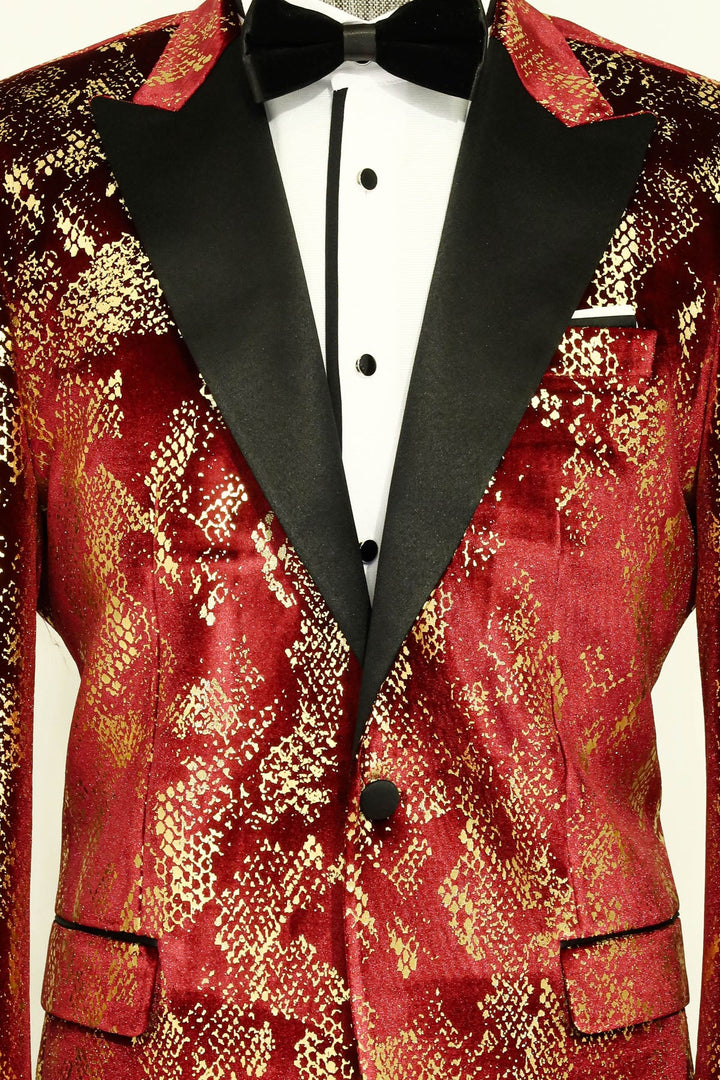 سترة WSS Peak Lapel Slim Fit ذهبية منقوشة باللون العنابي للرجال - سينجين