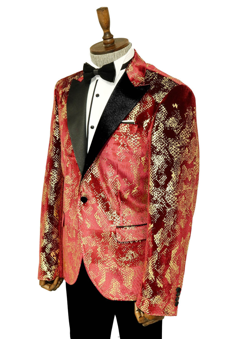 سترة WSS Peak Lapel Slim Fit ذهبية منقوشة باللون العنابي للرجال - سينجين