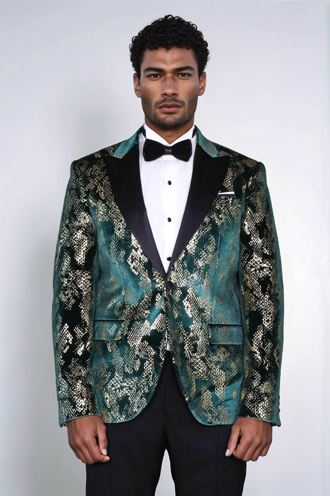 WSS Peak Lapel Slim Fit Gold Patterned Green Men Prom Party Blazer - Daytona Beach