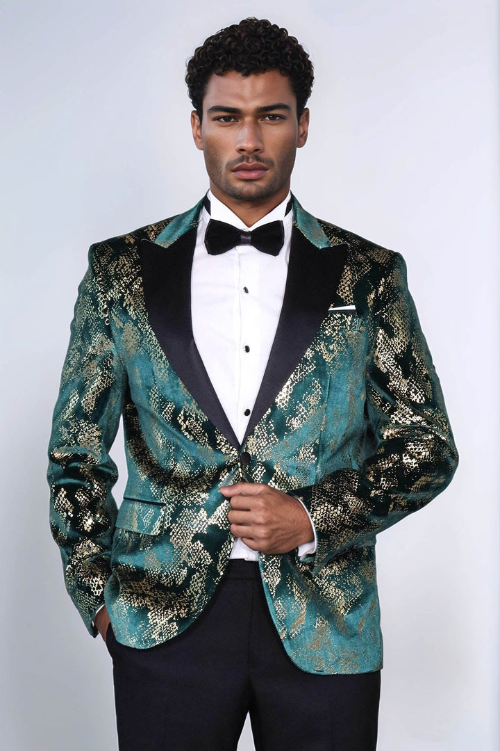 WSS Peak Lapel Slim Fit Gold Patterned Green Men Prom Party Blazer - Daytona Beach