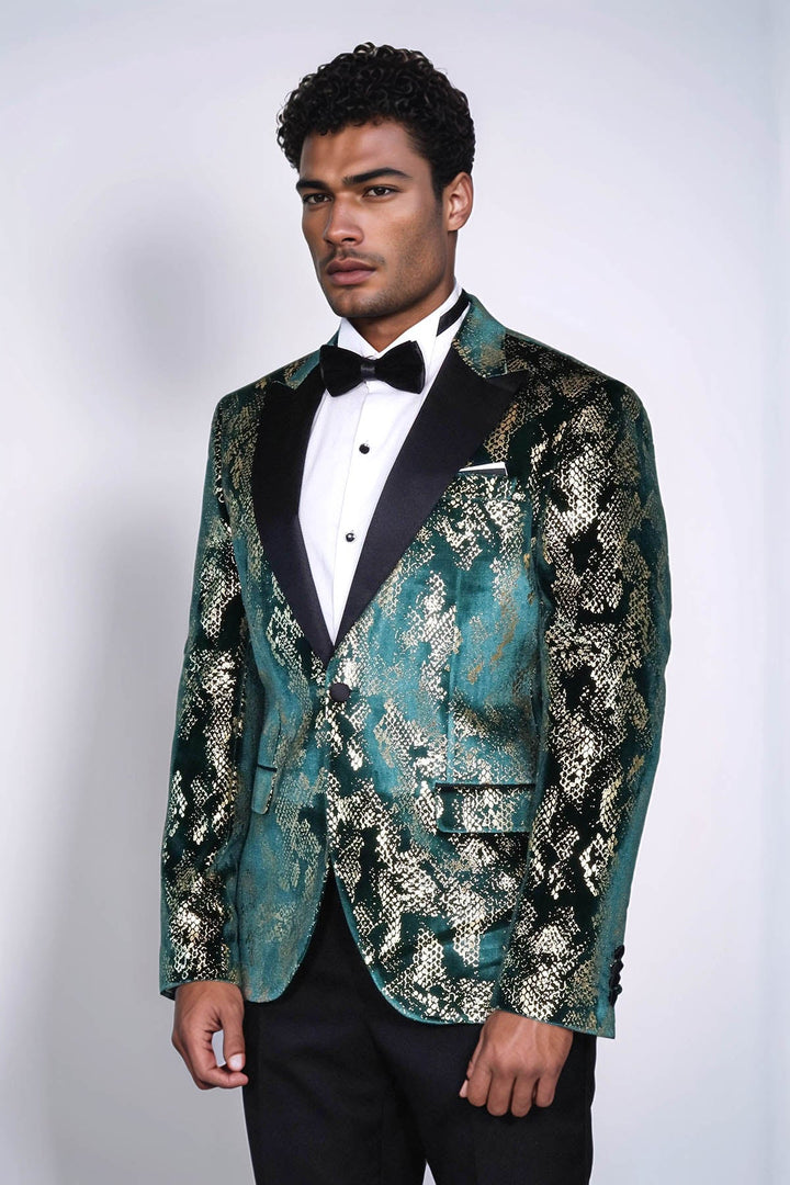 WSS Peak Lapel Slim Fit Gold Patterned Green Men Prom Party Blazer - Daytona Beach