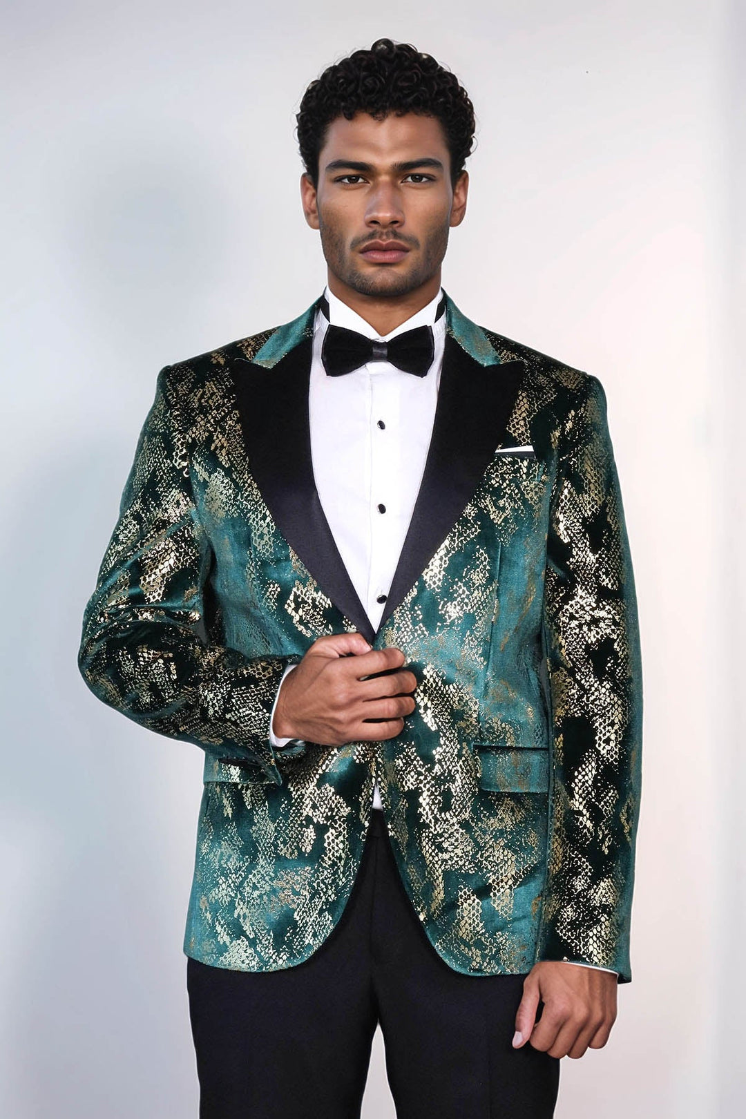 WSS Peak Lapel Slim Fit Gold Patterned Green Men Prom Party Blazer - Daytona Beach