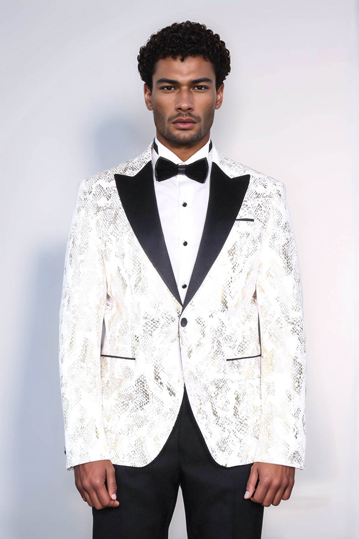 WSS Peak Lapel Slim Fit Gold Patterned White Men Dinner Jacket  - Marseille