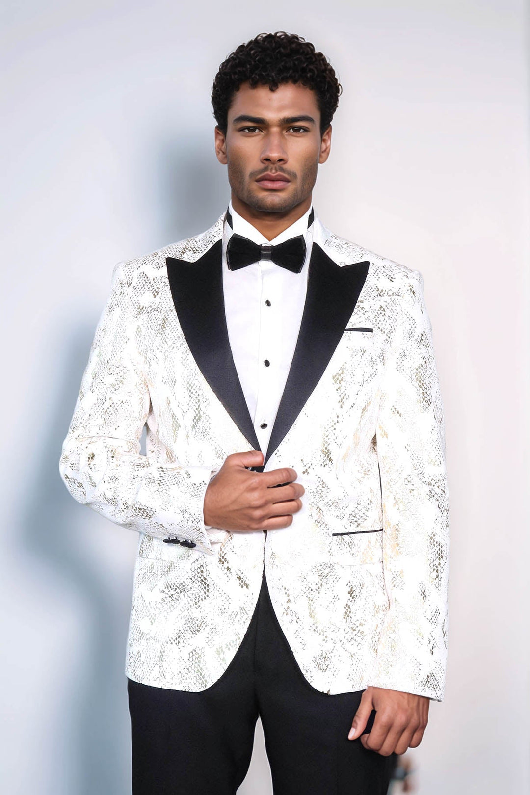 WSS Peak Lapel Slim Fit Gold Patterned White Men Dinner Jacket  - Marseille