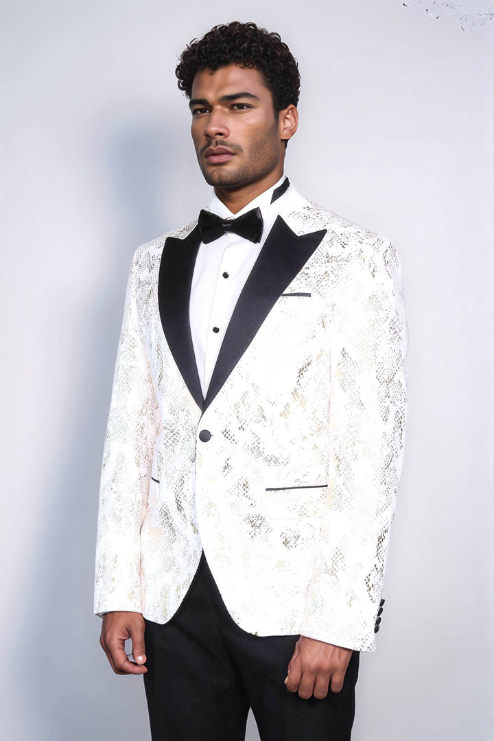 WSS Peak Lapel Slim Fit Gold Patterned White Men Dinner Jacket  - Marseille