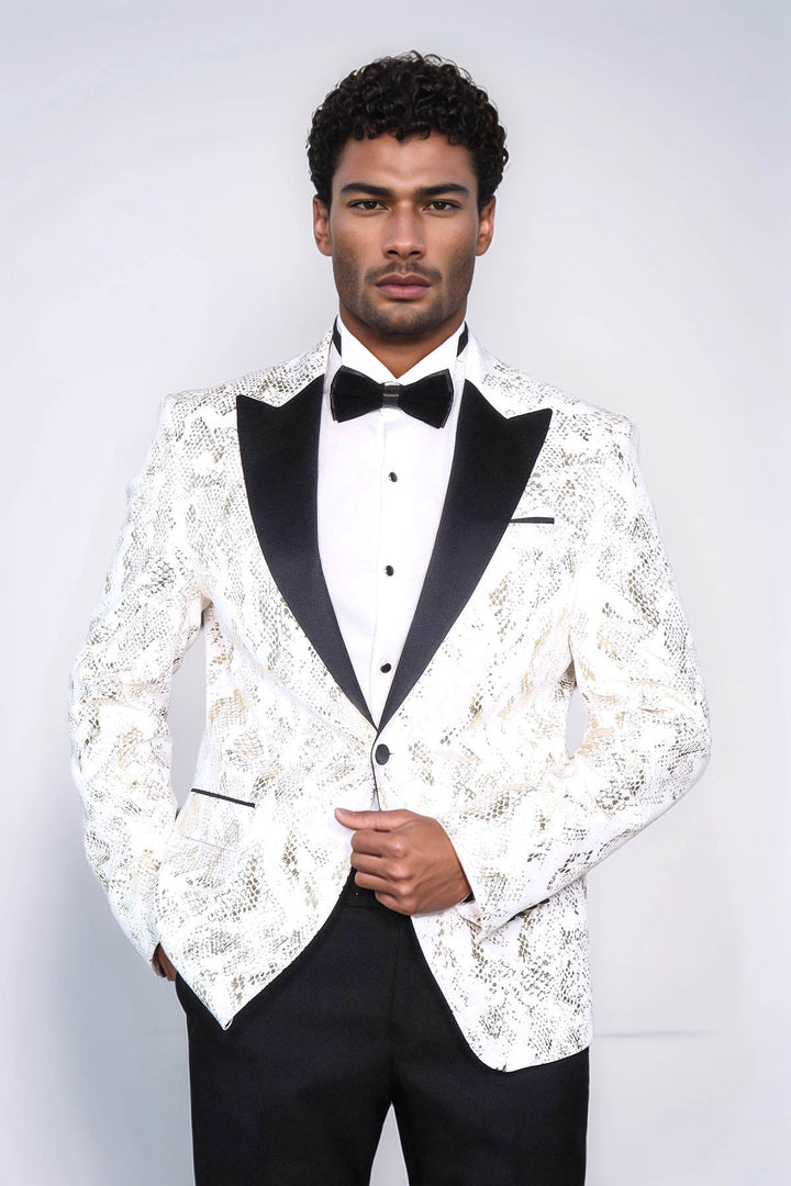 WSS Peak Lapel Slim Fit Gold Patterned White Men Dinner Jacket  - Marseille