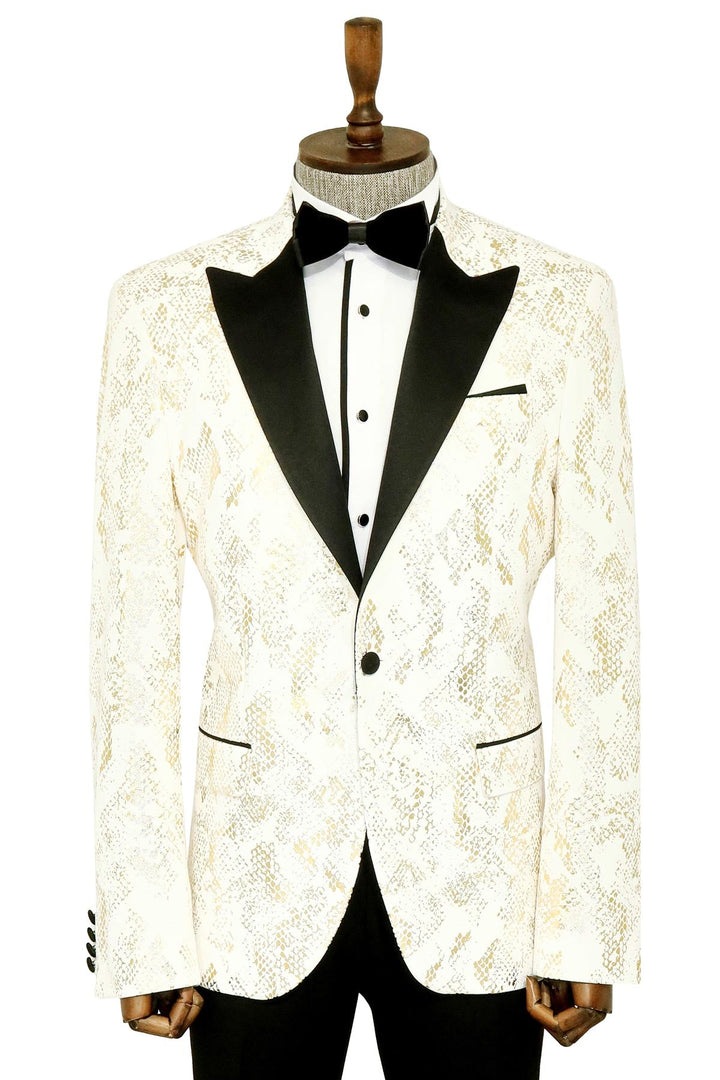 سترة WSS Peak Lapel Slim Fit باللون الأبيض منقوشة باللون الذهبي للرجال - سينجين