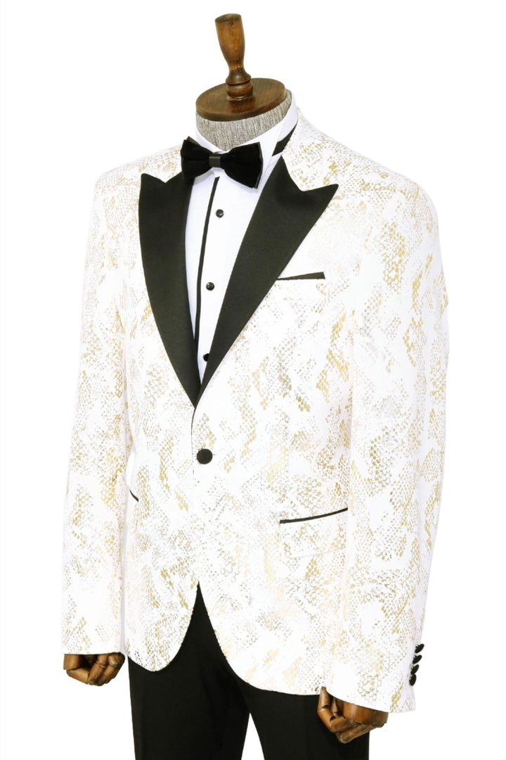 سترة WSS Peak Lapel Slim Fit باللون الأبيض منقوشة باللون الذهبي للرجال - سينجين