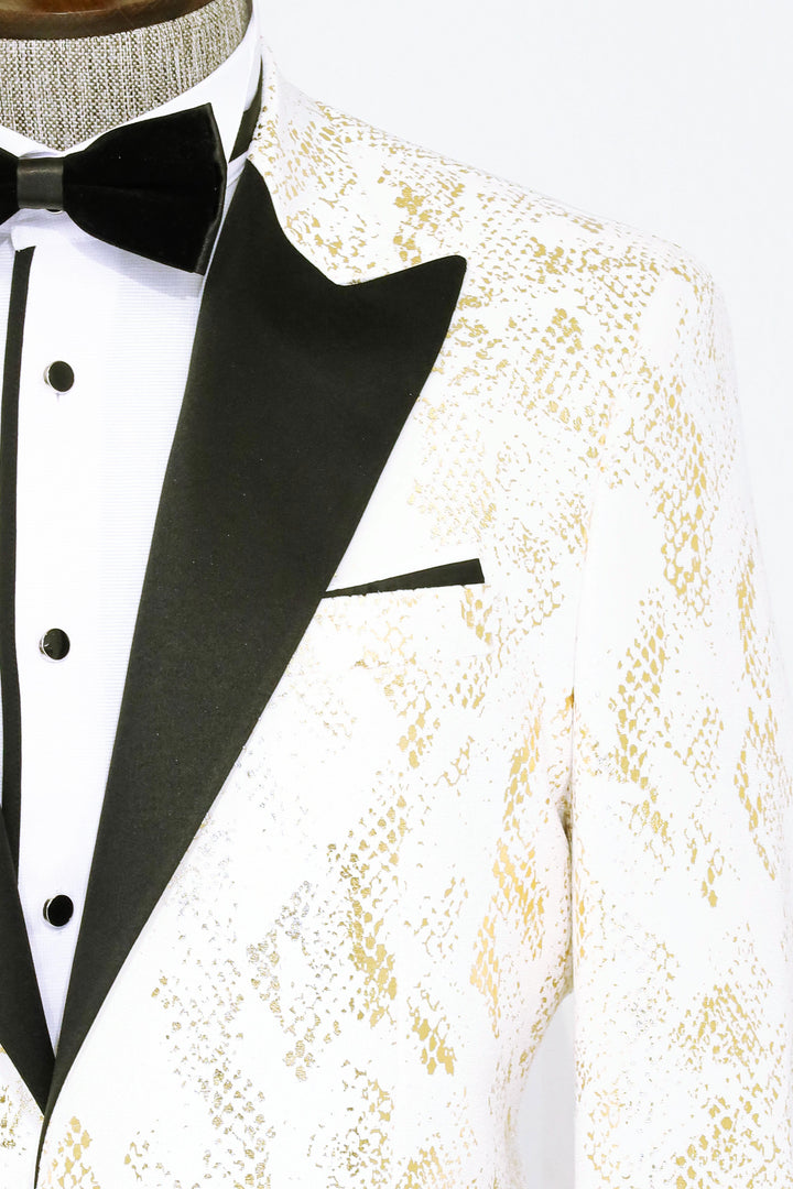 سترة WSS Peak Lapel Slim Fit باللون الأبيض منقوشة باللون الذهبي للرجال - سينجين