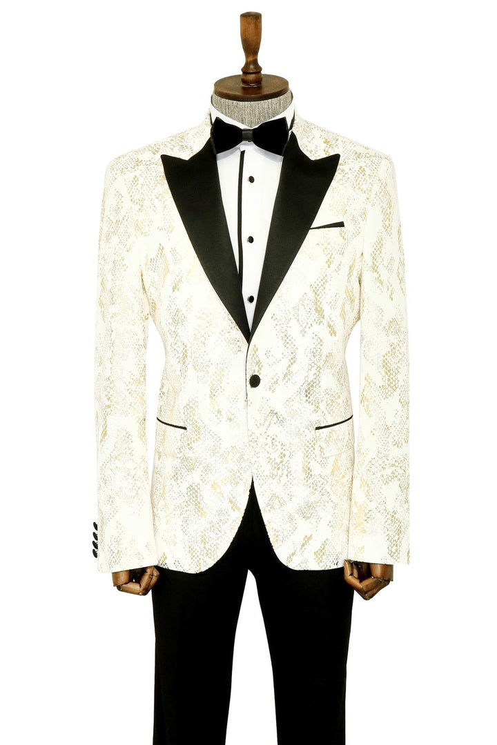 سترة WSS Peak Lapel Slim Fit باللون الأبيض منقوشة باللون الذهبي للرجال - سينجين
