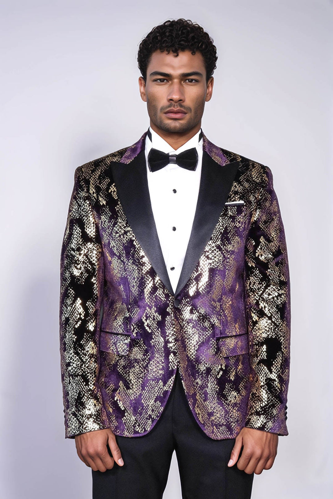 WSS Peak Lapel Slim Fit Gold Patterned Purple Men Singer Tuxedo Blazer - Coquitlam