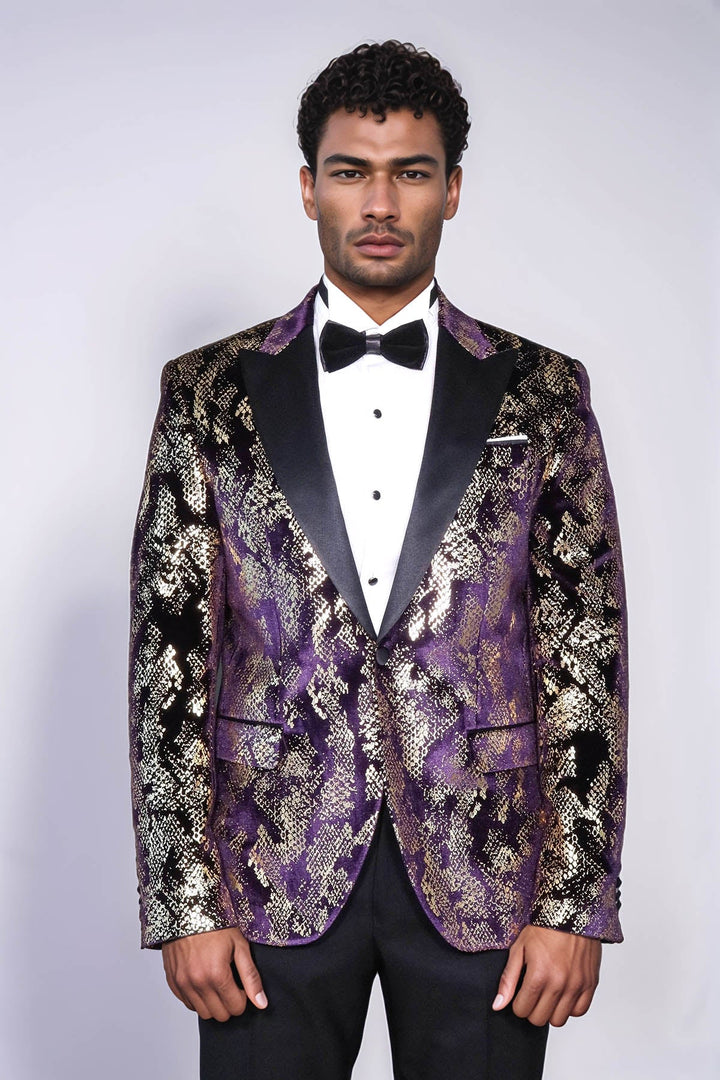 WSS Peak Lapel Slim Fit Gold Patterned Purple Men Singer Tuxedo Blazer - Coquitlam