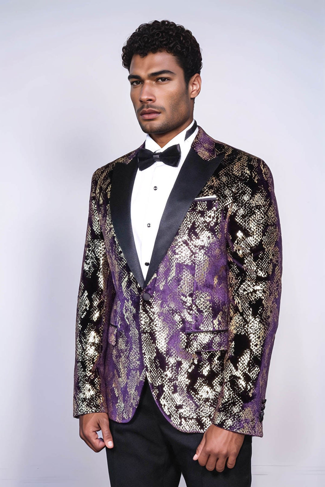 WSS Peak Lapel Slim Fit Gold Patterned Purple Men Singer Tuxedo Blazer - Coquitlam