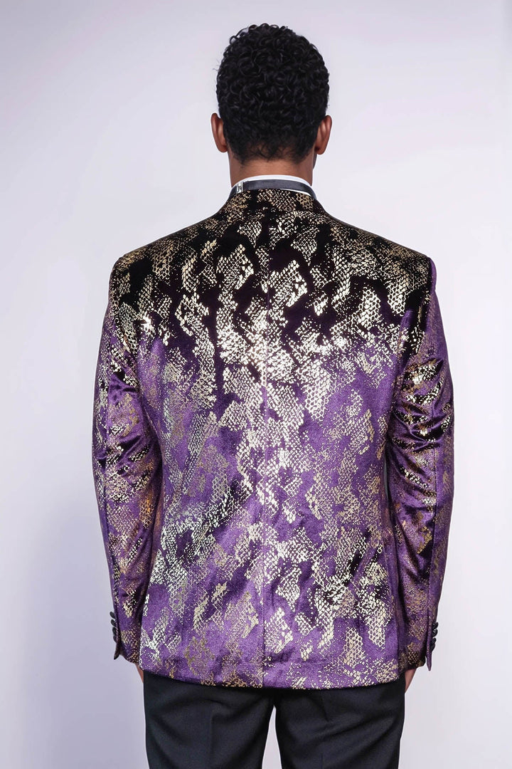 WSS Peak Lapel Slim Fit Gold Patterned Purple Men Singer Tuxedo Blazer - Coquitlam
