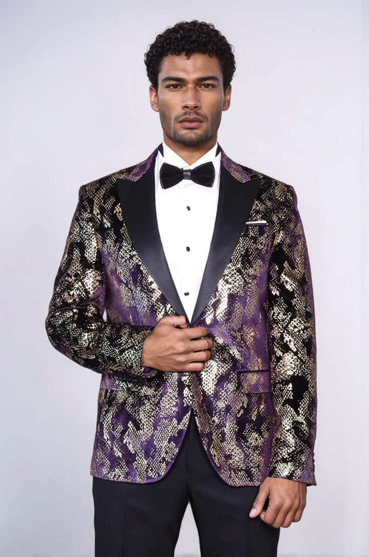 WSS Peak Lapel Slim Fit Gold Patterned Purple Men Singer Tuxedo Blazer - Coquitlam