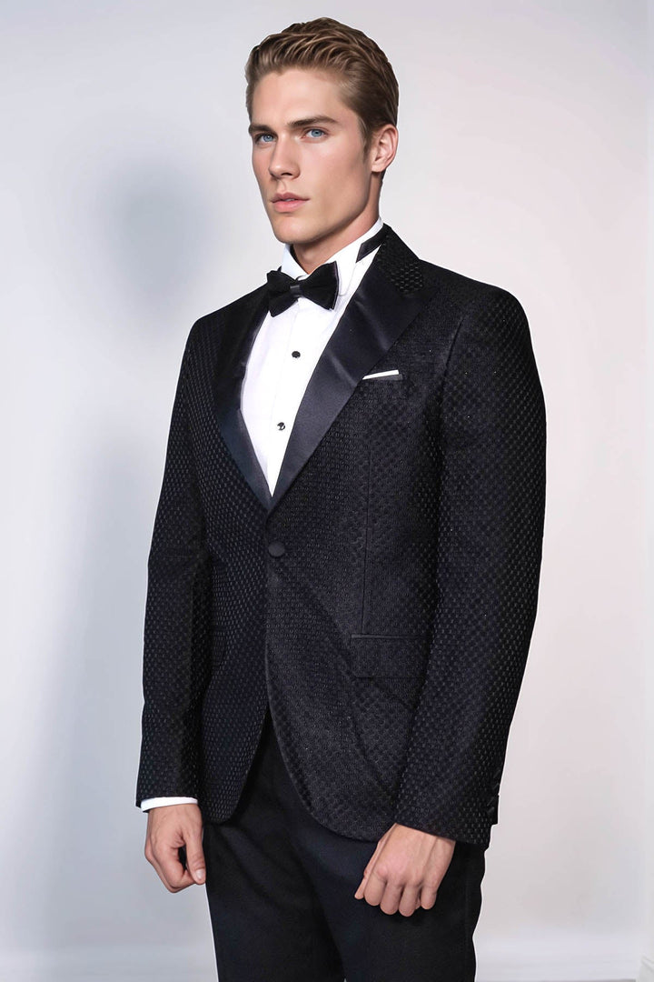 WSS Satin Shawl Lapel Textured Men's Royal Black Tuxedo Jacket  - Eisenach