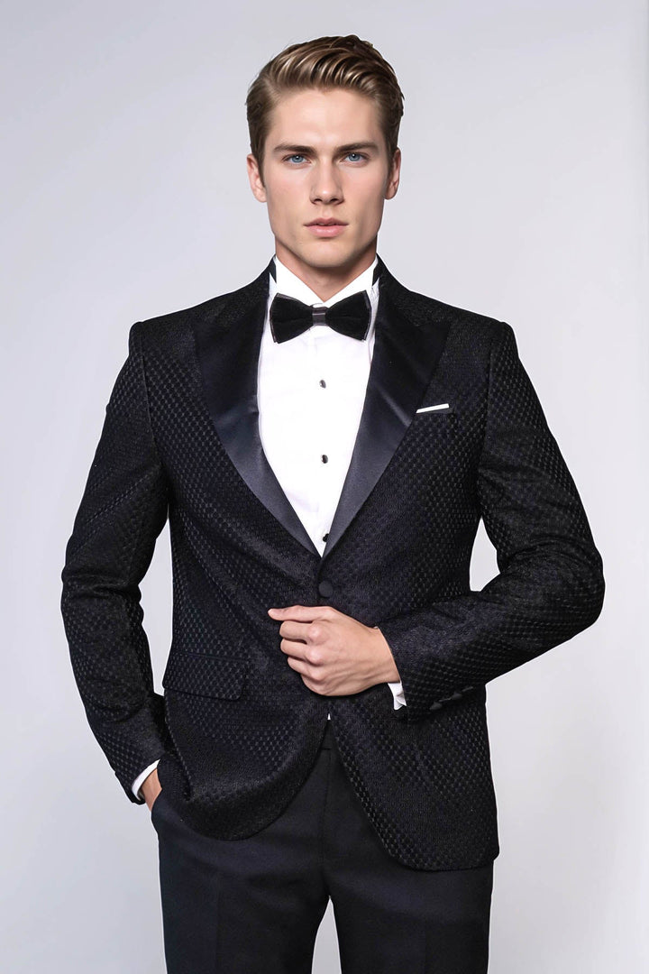WSS Satin Shawl Lapel Textured Men's Royal Black Tuxedo Jacket  - Airdrie