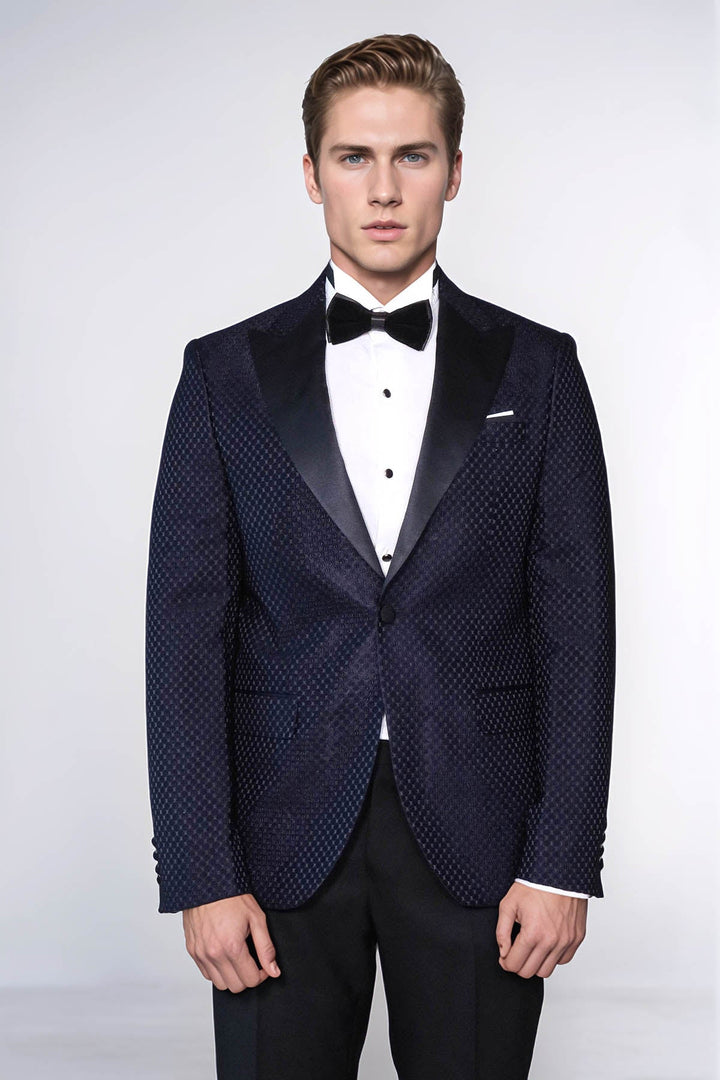 WSS Satin Shawl Lapel Textured Men's Navy Blue Tuxedo Jacket  - Thionville