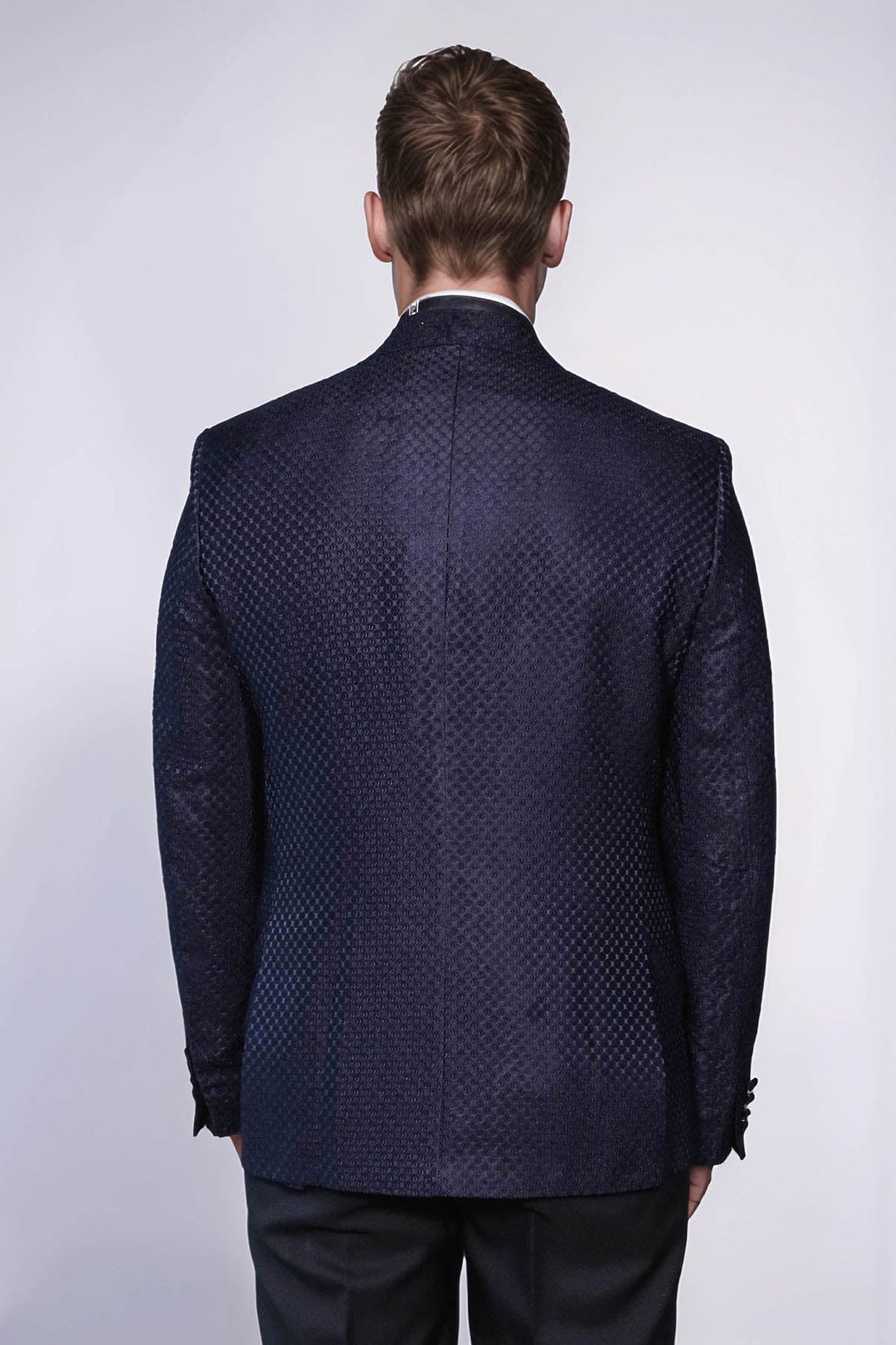 WSS Satin Shawl Lapel Textured Men's Navy Blue Tuxedo Jacket  - Rîbniţa